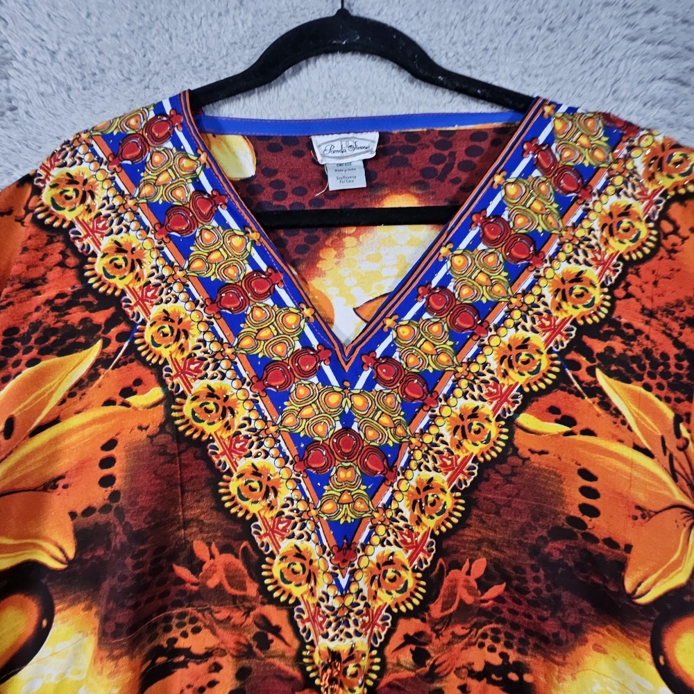 Vtg Poncho Kimono Top Womens OSFM Floral Hawaiian Cruise Beaded‎ Resort Kafton - Picture 3 of 10